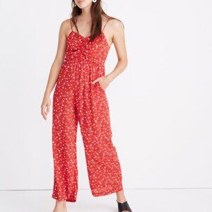 Madewell Ruched Wide-Leg Jumpsuit in Prairie Posies Red Milkmaid Cottagecore 24